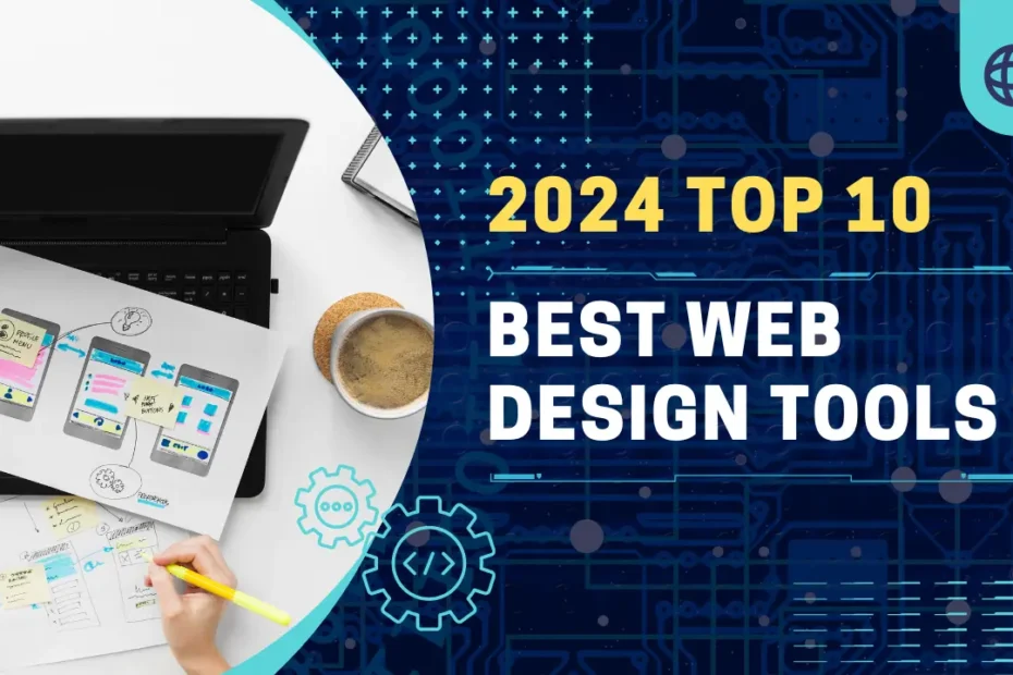 Collage of vibrant thumbnails featuring the top 10 best web design tools for creating stunning websites in 2024.